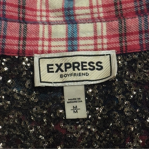 Express Boyfriend Red and Blue Sparkle Panel Plaid Long Sleeve Button Up Size M - Picture 8 of 11